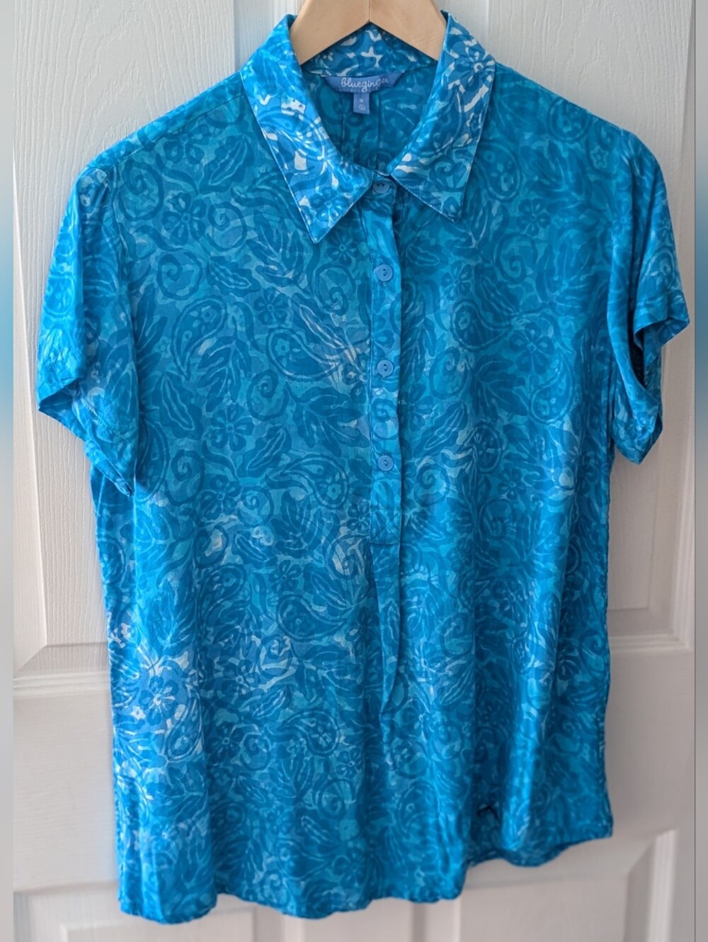 Blueginger Cool Aqua Blue Floral Paisley Short Sleeve Button Polo Shirt